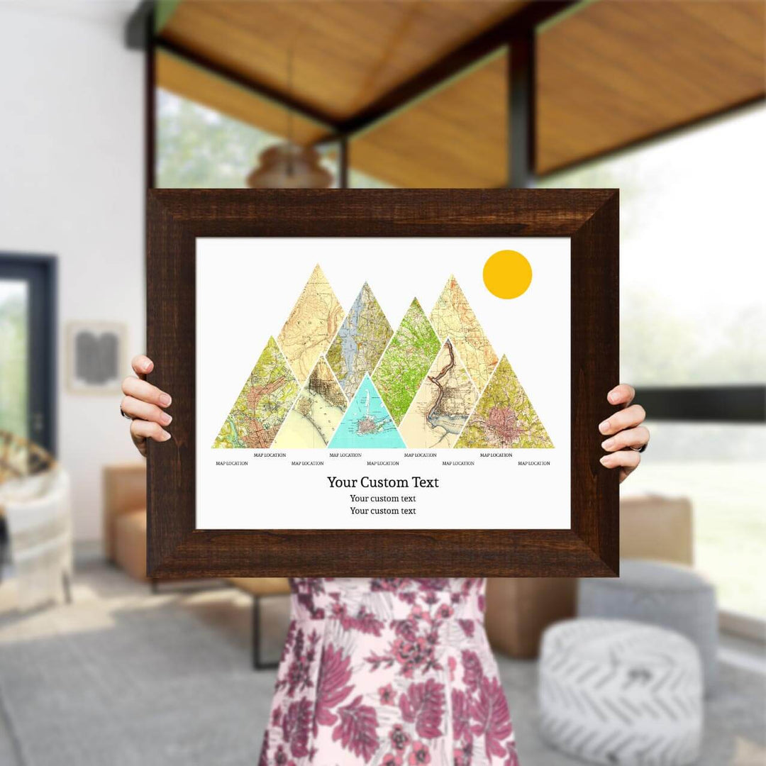 Personalized Mountain Atlas Map with 9 Locations, Espresso Wide Framed Art Print, Styled#color-finish_espresso-wide-frame