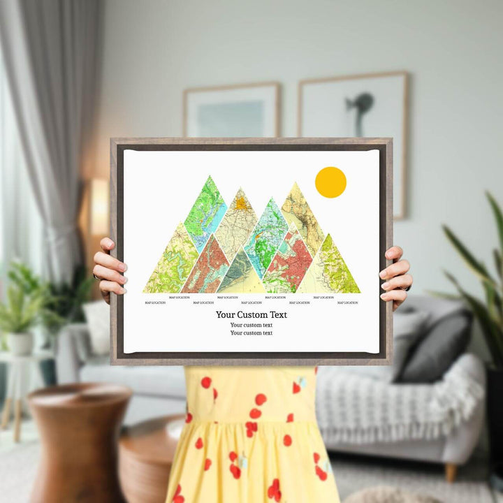 Personalized Mountain Atlas Map with 9 Locations, Gray Floater Framed Art Print, Styled#color-finish_gray-floater-frame