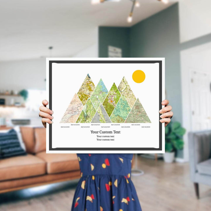 Personalized Mountain Atlas Map with 9 Locations, White Floater Framed Art Print, Styled#color-finish_white-floater-frame