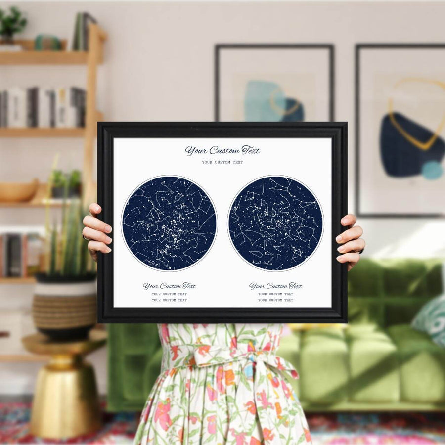 Star Map Gift Personalized With 2 Night Skies, Horizontal, Black Beveled Framed Art Print, Styled#color-finish_black-beveled-frame