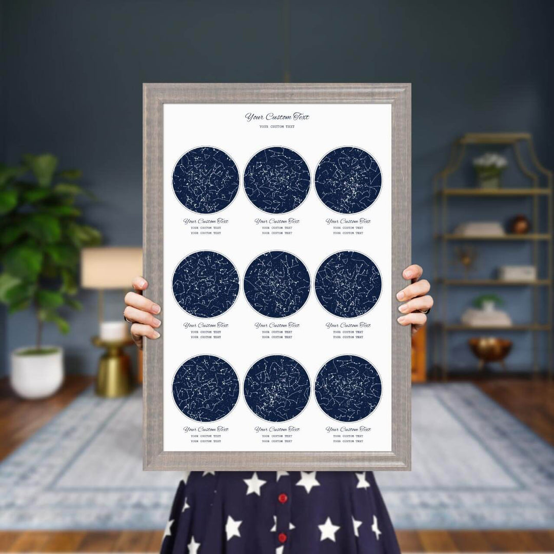 Star Map Gift Personalized With 9 Night Skies, Vertical, Gray Beveled Framed Art Print, Styled#color-finish_gray-beveled-frame